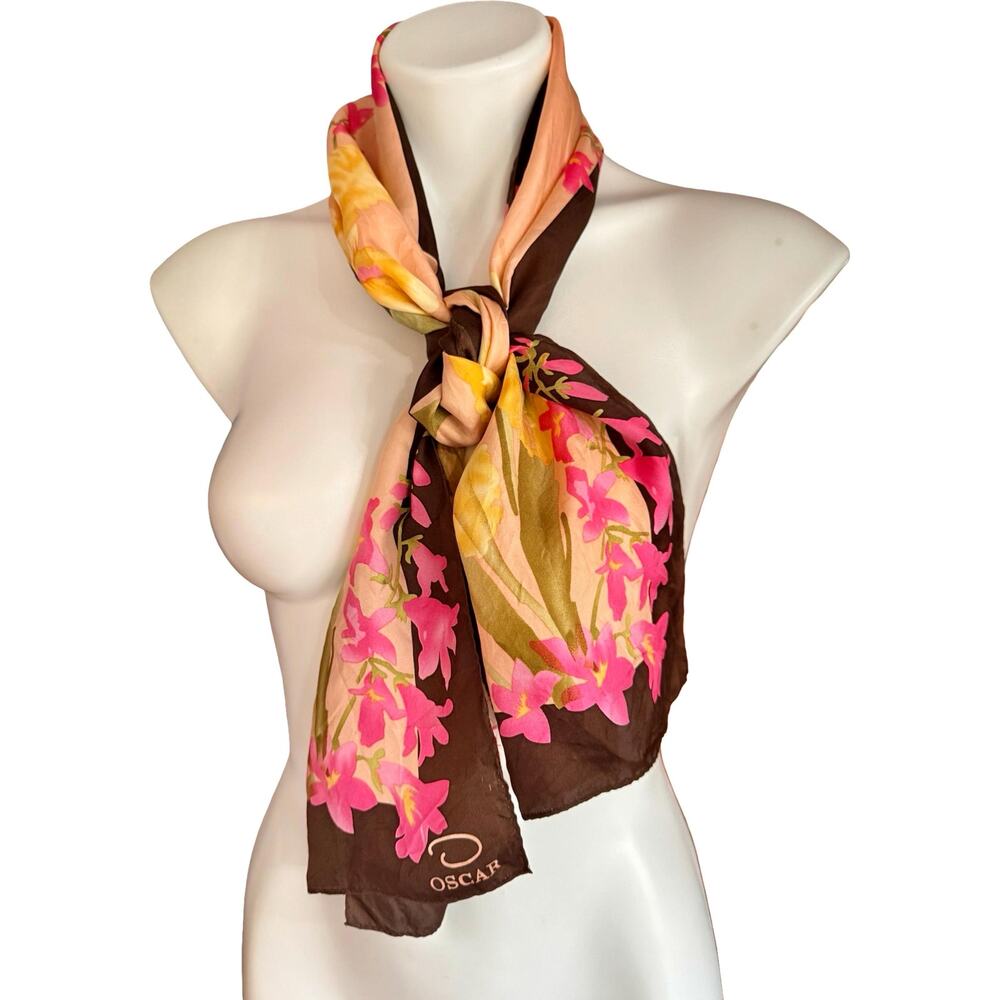 Vintage Oscar De La Renta Silk Scarf 11x51 Orchid Floral Pink Brown 1990s - Picture 4 of 8